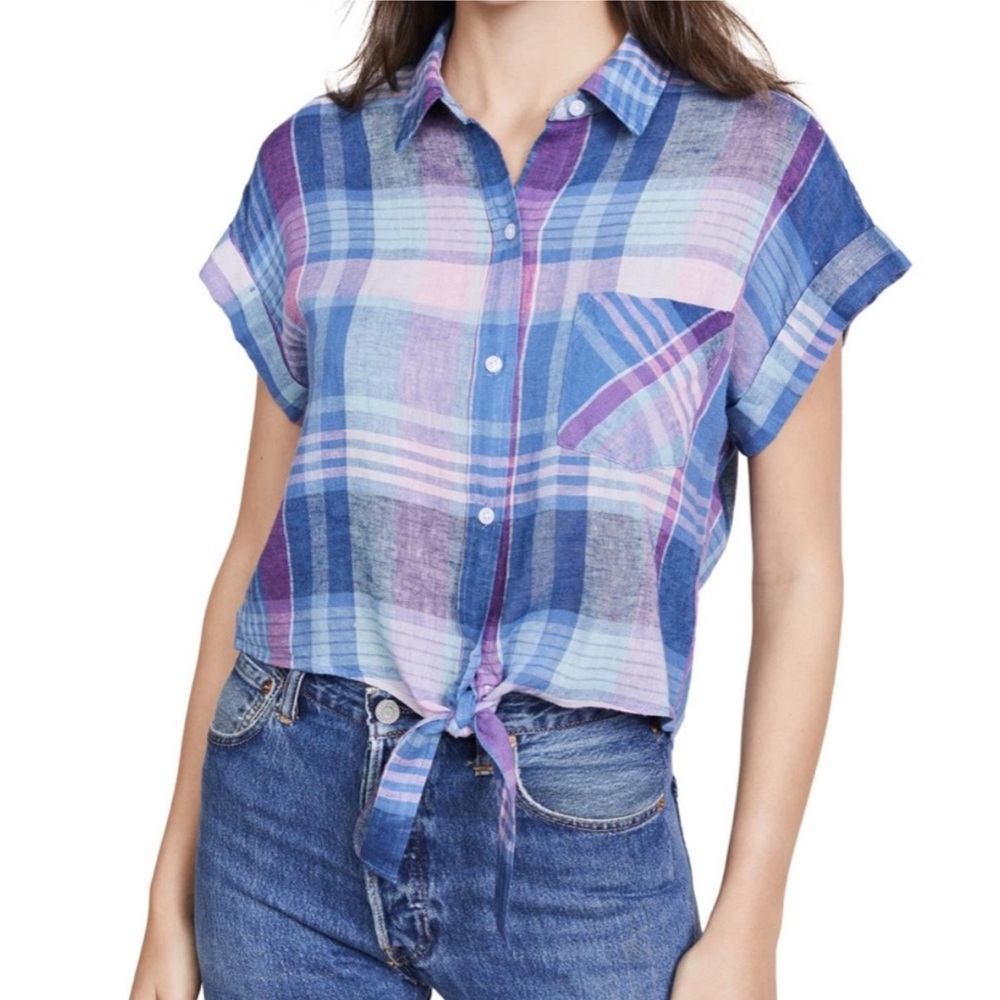 Rails Amelie Laguna Coast Azalea Plaid Linen Blend Button Down Blouse Top Sz M